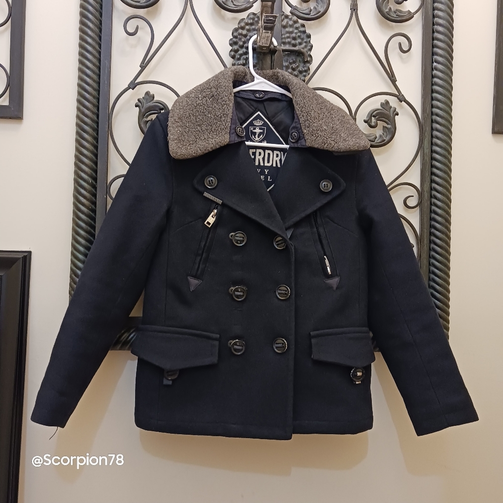 SuperDry Navy Label Merchant/Military Pea Coat Jacket Size Small for Women